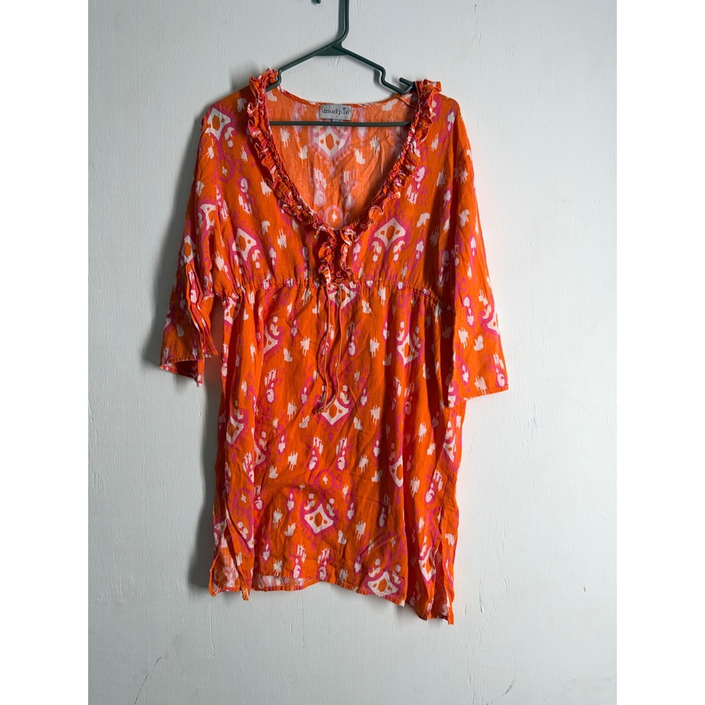 Mud Pie Orange Pink Ikat Ruffle V-Neck Swim Cover Up Tunic Dress Medium